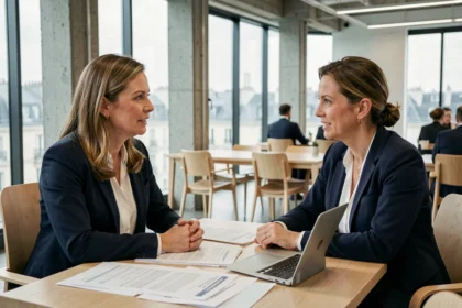 Consultante en portage salarial discutant d'un contrat avec une professionnelle dans un bureau moderne à Paris