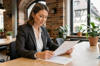 Consultante indépendante en portage salarial signant un contrat dans un espace de coworking à Colmar