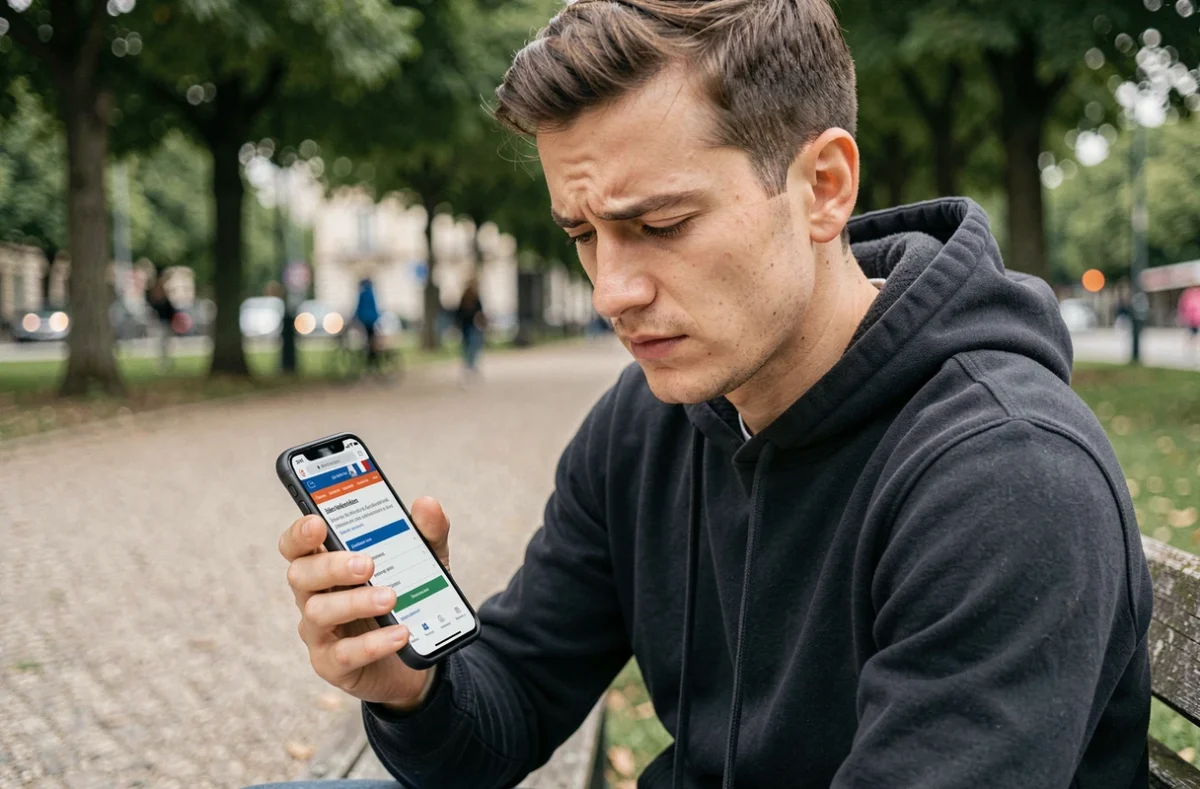 Jeune travailleur consultant le site de l'Urssaf sur smartphone dans un parc pour vérifier ses cotisations sociales