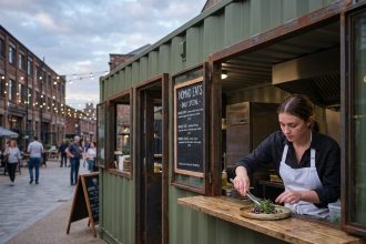 Cheffe cuisinière préparant un plat devant un container restauration transformé en stand de street food urbain