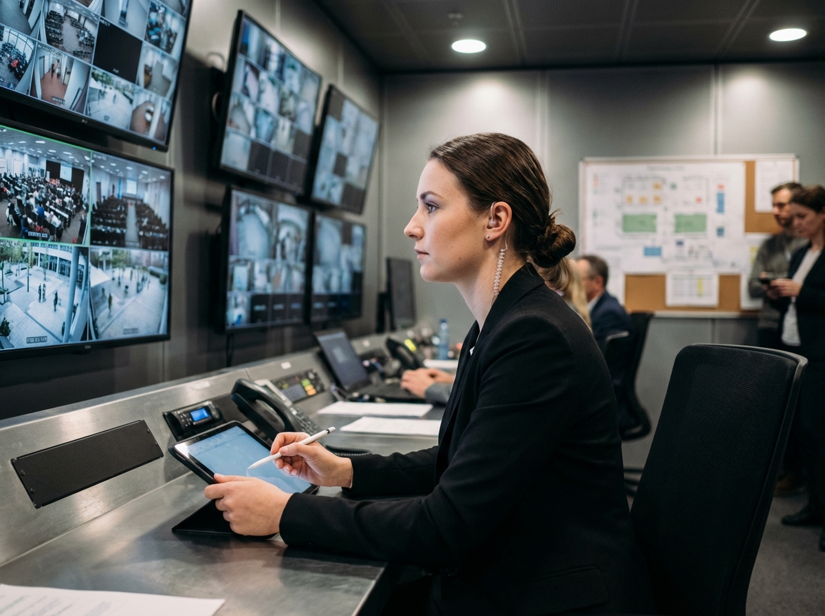 Jeune femme surveillant des écrans de contrôle dans une salle moderne