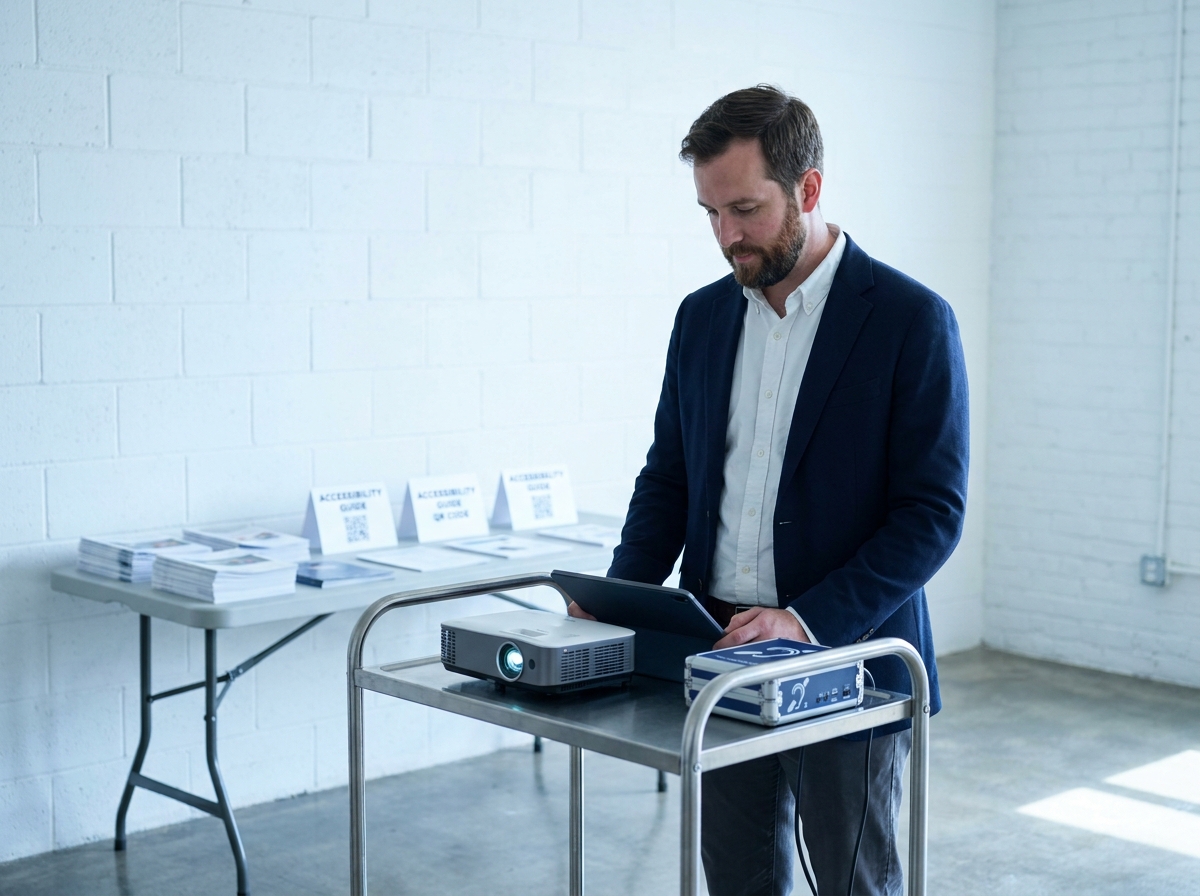 Coordinateur d'événement préparant le matériel technique pour un séminaire accessible avec boucle à induction et projecteur compact