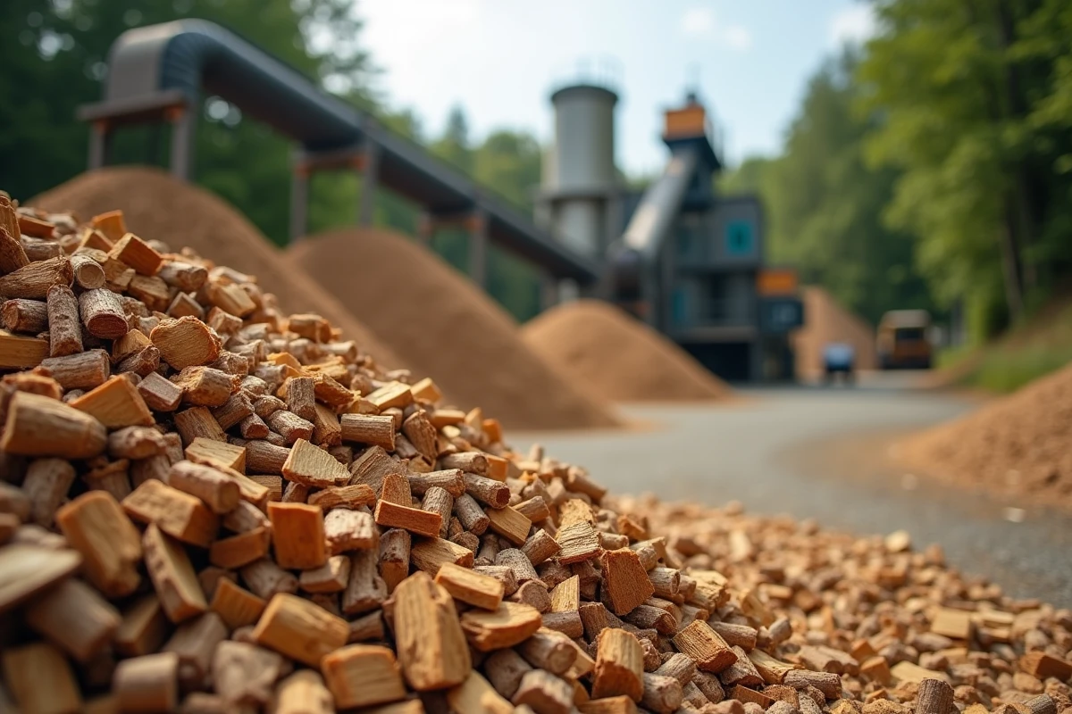 Tas de copeaux de bois et biomasse dans un site de stockage d'énergie renouvelable