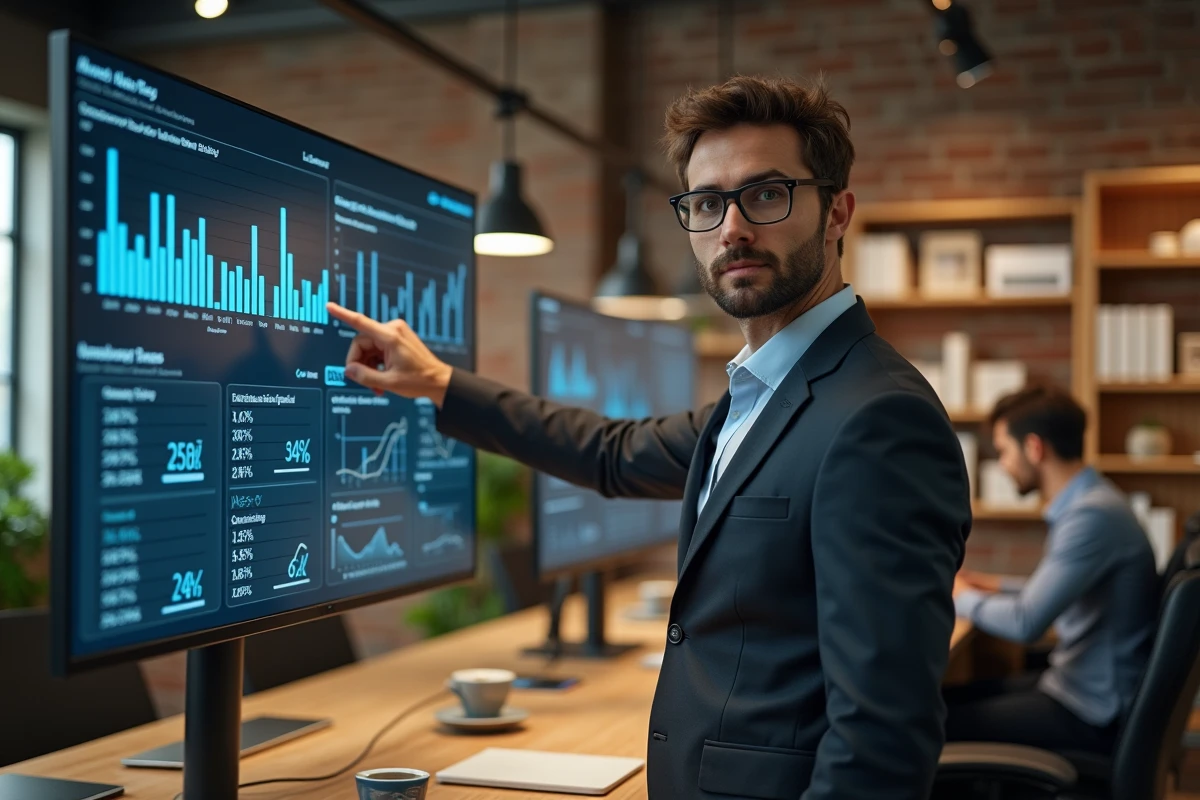 Courtier en assurance analysant des statistiques de prospects qualifiés sur un écran en espace de coworking