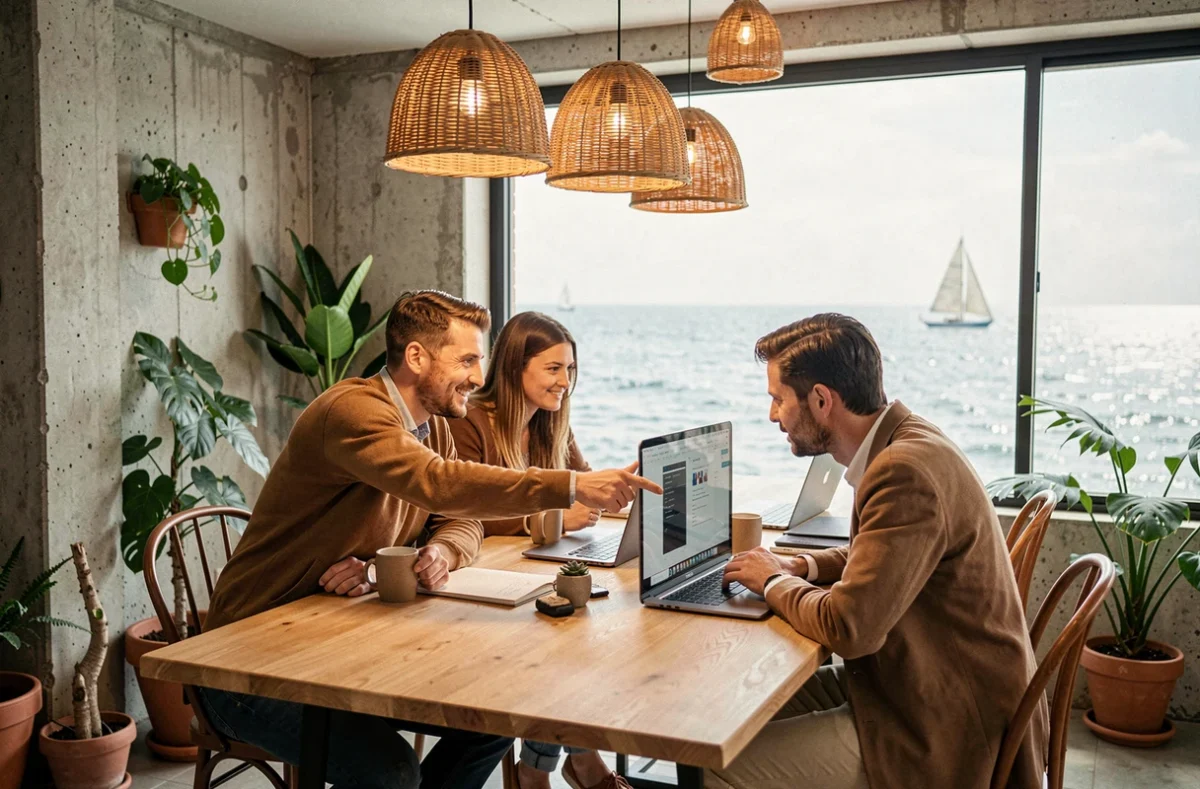 Équipe de professionnels en collaboration dans un espace de coworking à Arcachon avec panorama sur l'océan