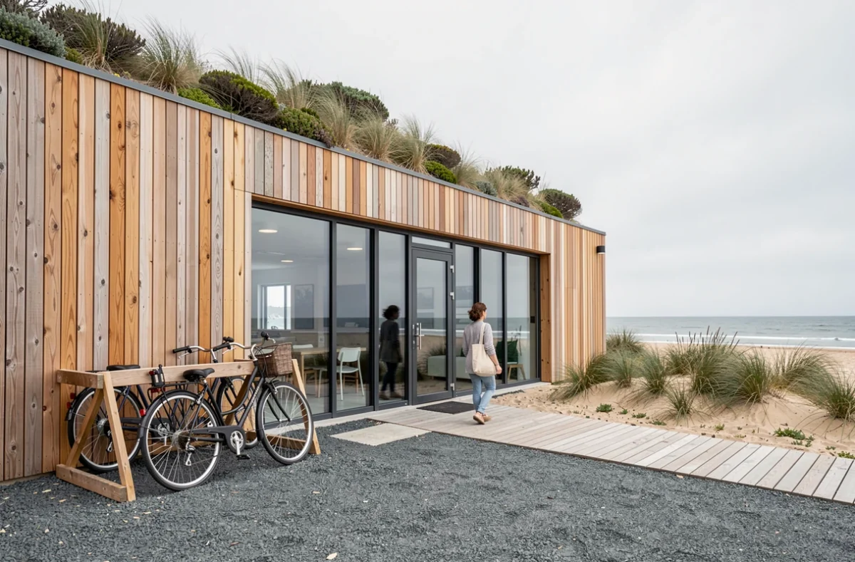Façade en bois d'un espace de coworking contemporain à Arcachon avec vue sur la plage et l'océan