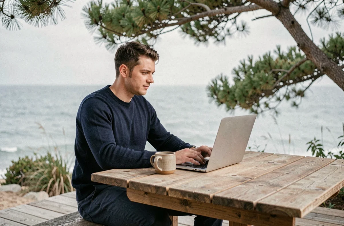 Homme travaillant sur ordinateur portable en terrasse d'un espace de coworking face à l'Atlantique à Arcachon