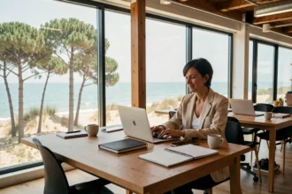 Espace de coworking moderne à Arcachon avec vue sur l'océan Atlantique depuis de grandes baies vitrées