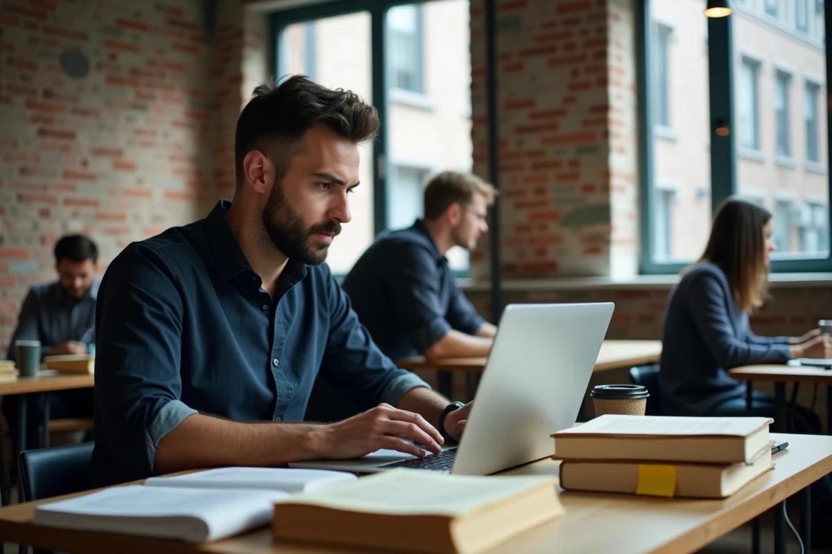 Freelance masculin travaillant sur son blog dans un espace de coworking entouré de livres professionnels
