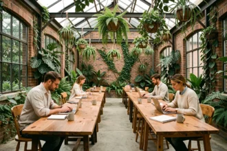 Espace de coworking La Jardinerie aménagé dans une serre végétalisée avec tables en bois et plantes tropicales