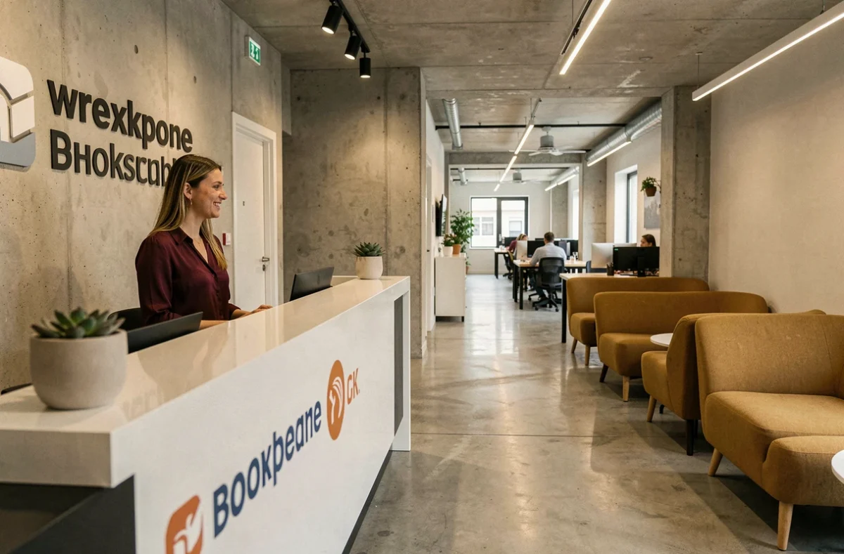 Accueil chaleureux à la réception d'un espace de coworking moderne à Roanne avec sol en béton ciré