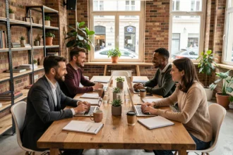 Groupe de professionnels collaborant dans un espace de coworking moderne à Roanne avec murs en briques apparentes