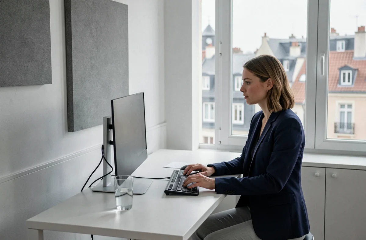 Femme entrepreneur travaillant seule à un bureau debout dans un coworking calme avec vue sur les toits de Roanne