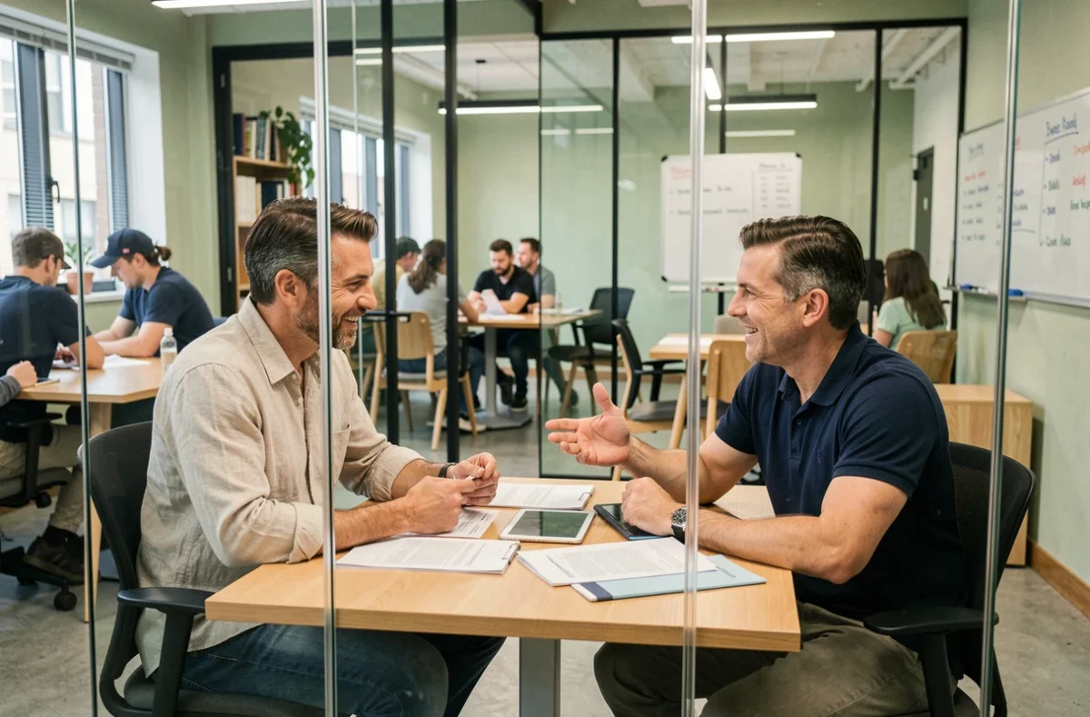 Deux hommes d'affaires en réunion dans une salle vitrée d'un espace de coworking à Roanne