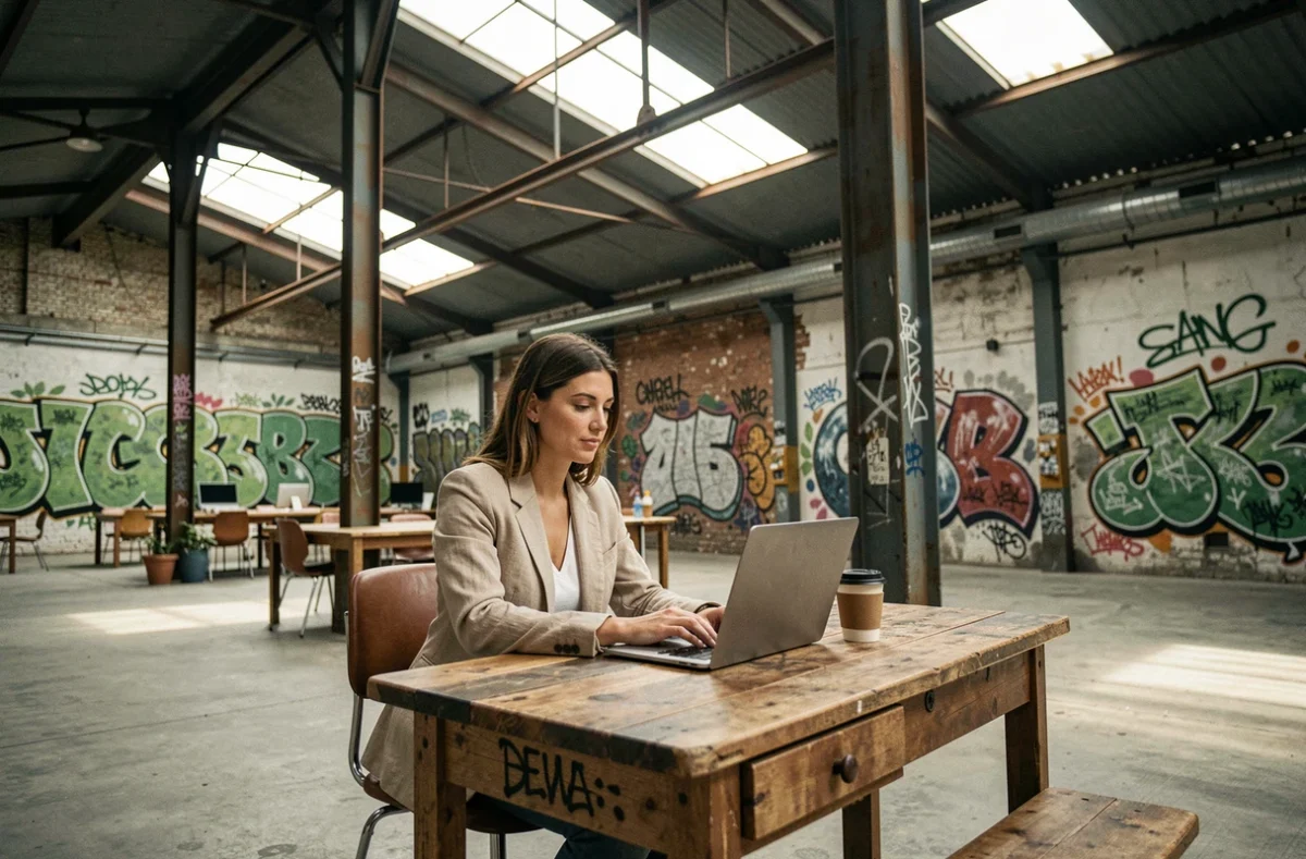 Femme travaillant dans l'espace Darwin Eco-Working à Bordeaux, un hangar industriel reconverti orné de fresques urbaines et de mobilier en bois brut