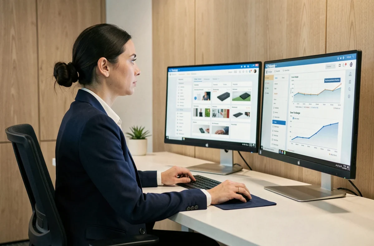 Professionnelle spécialisée en e-commerce travaillant sur des tableaux de bord de performance digitale dans une agence à Toulouse