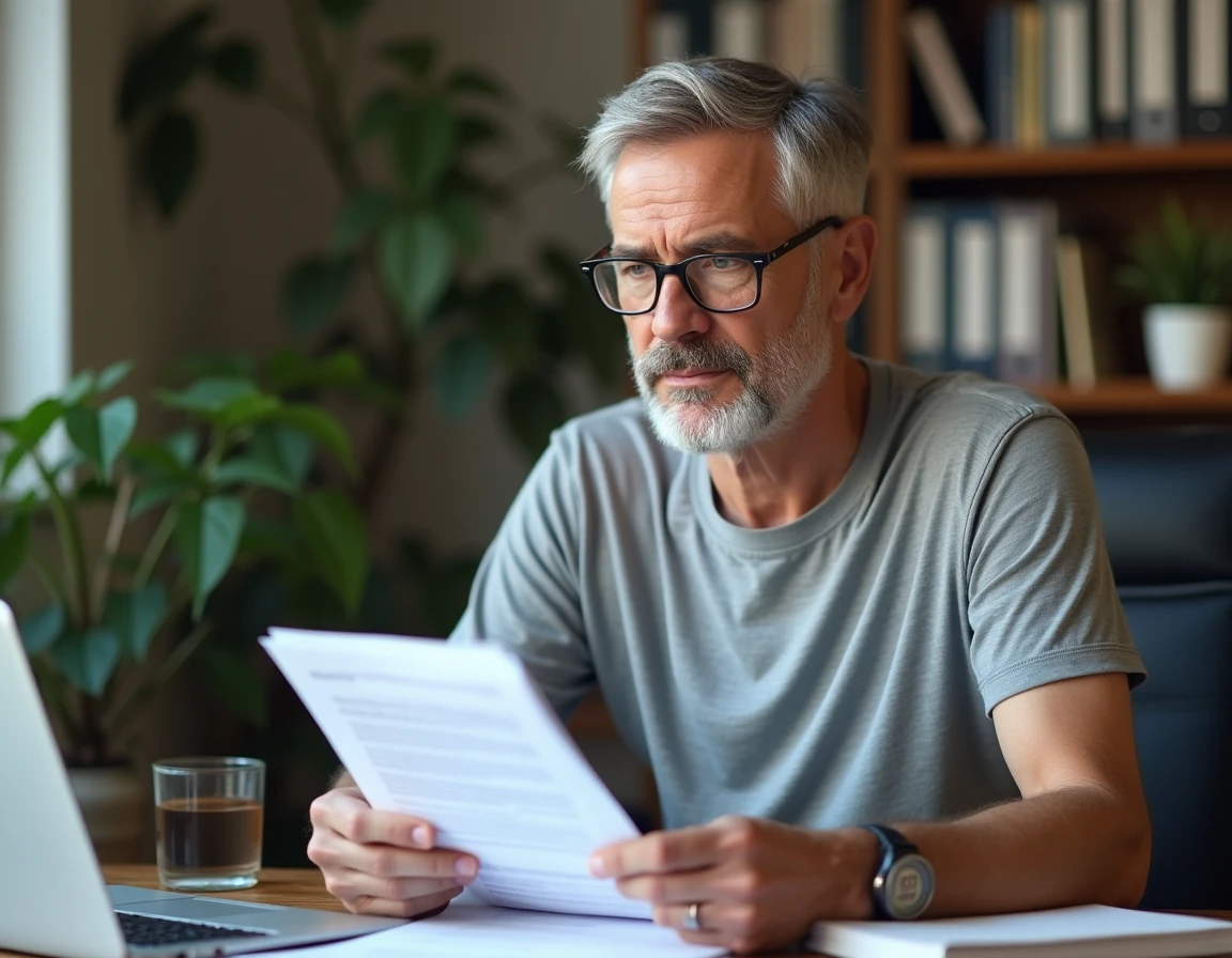 Homme consultant un formulaire de déclaration Urssaf pour un emploi à domicile d'emballage