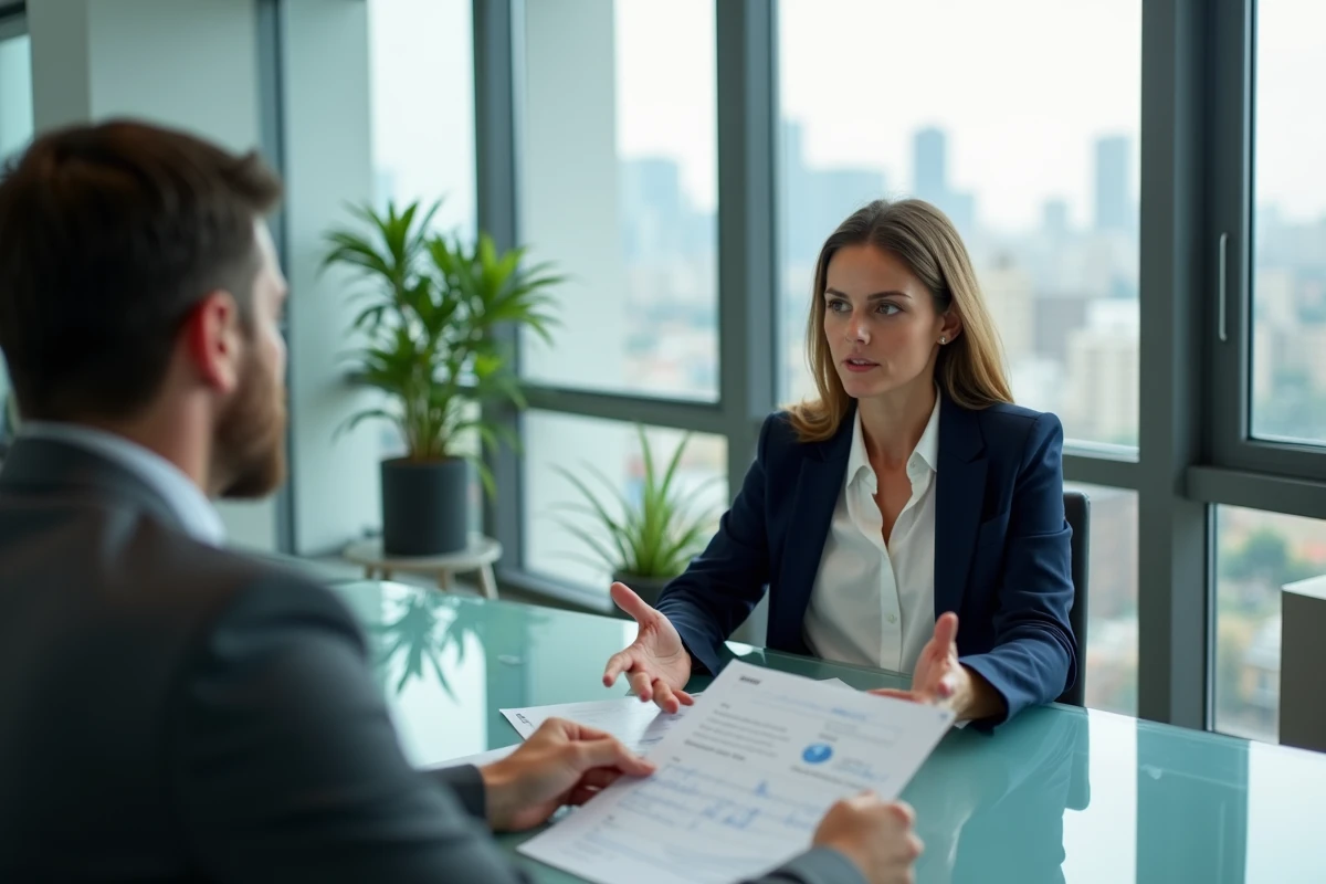 Femme entrepreneur déléguant des tâches à un consultant professionnel autour d'une table de réunion moderne avec documents partagés