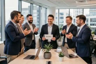 Collègues réunis dans un bureau moderne pour le départ d'un manager, tenant une carte d'adieu avec des sourires chaleureux
