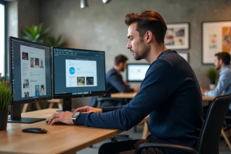 Designer web masculin travaillant sur la refonte d'un site internet dans les bureaux d'une agence digitale à Lyon