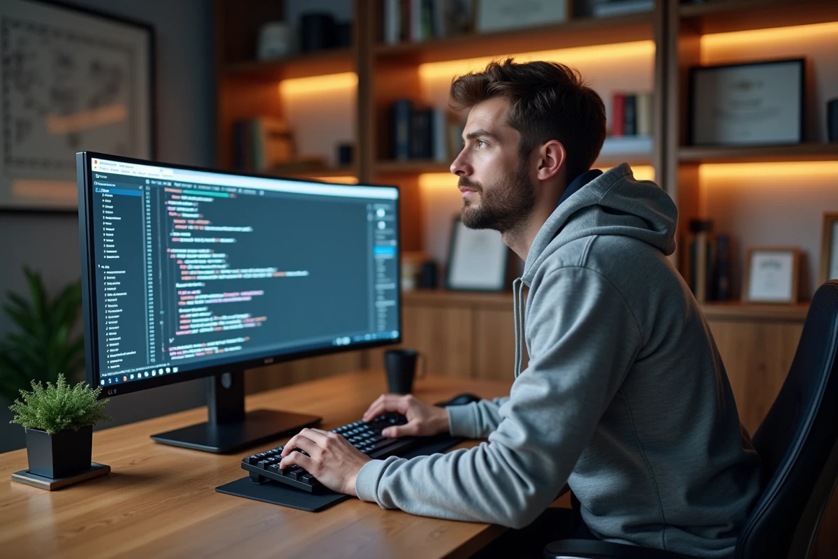 Développeur travaillant sur l'optimisation du code d'un site vitrine SaaS depuis son bureau à domicile avec un éditeur de code ouvert
