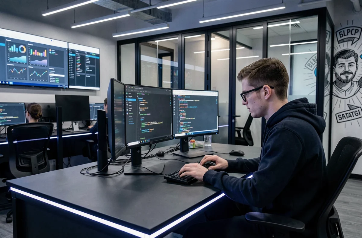 Développeur concentré au travail dans Digital Village Bordeaux, un espace de coworking technologique aux équipements numériques avancés et à l'esthétique contemporaine