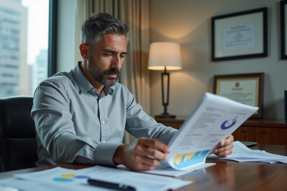 Directeur des ressources humaines analysant des rapports de paie sur tablette et documents imprimés dans un bureau exécutif