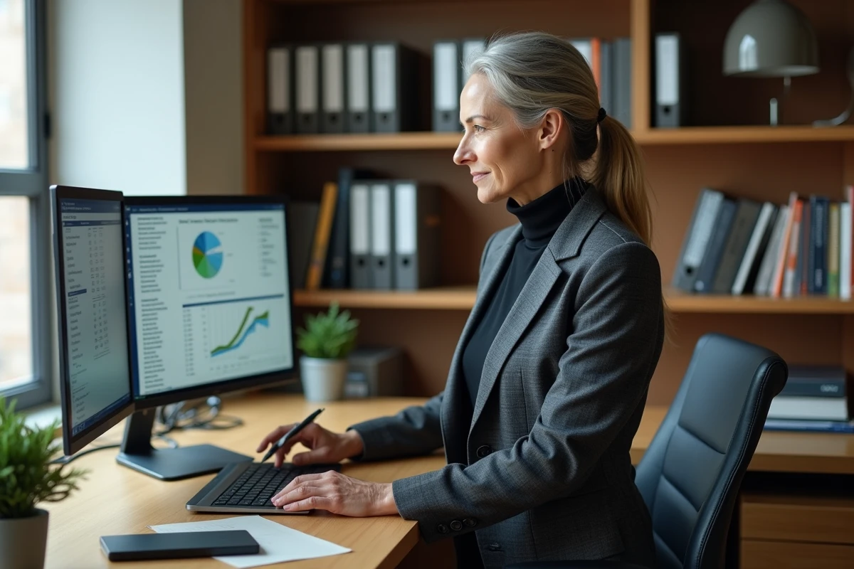 Directrice achats évaluant des offres fournisseurs sur plateforme Sonepar Select dans un bureau privé avec double écran