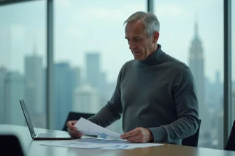 Dirigeant Apple en pull col roulé gris dans une salle de réunion moderne avec vue sur la ville, illustrant le profil de leadership qui fascine les investisseurs