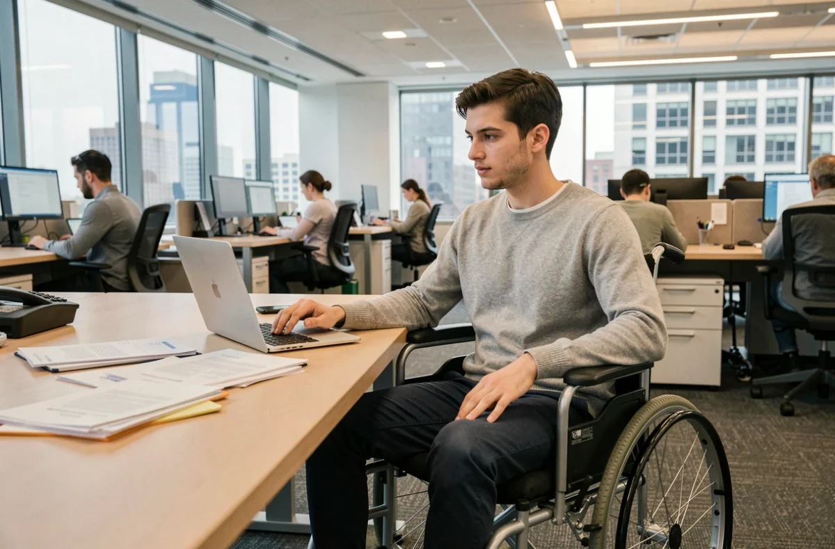 Personne en fauteuil roulant travaillant dans un open space moderne, illustration d'une discrimination liée au handicap au sens de l'article L1132-1
