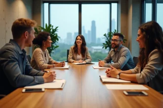Groupe de professionnels adultes en discussion autour d'une table de réunion dans un bureau moderne, illustrant l'expression collective et la communication au sein d'un groupe