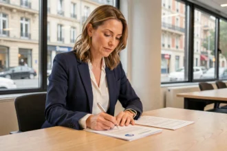 Femme d'affaires signant des documents de domiciliation d'entreprise dans un espace de coworking au Mans