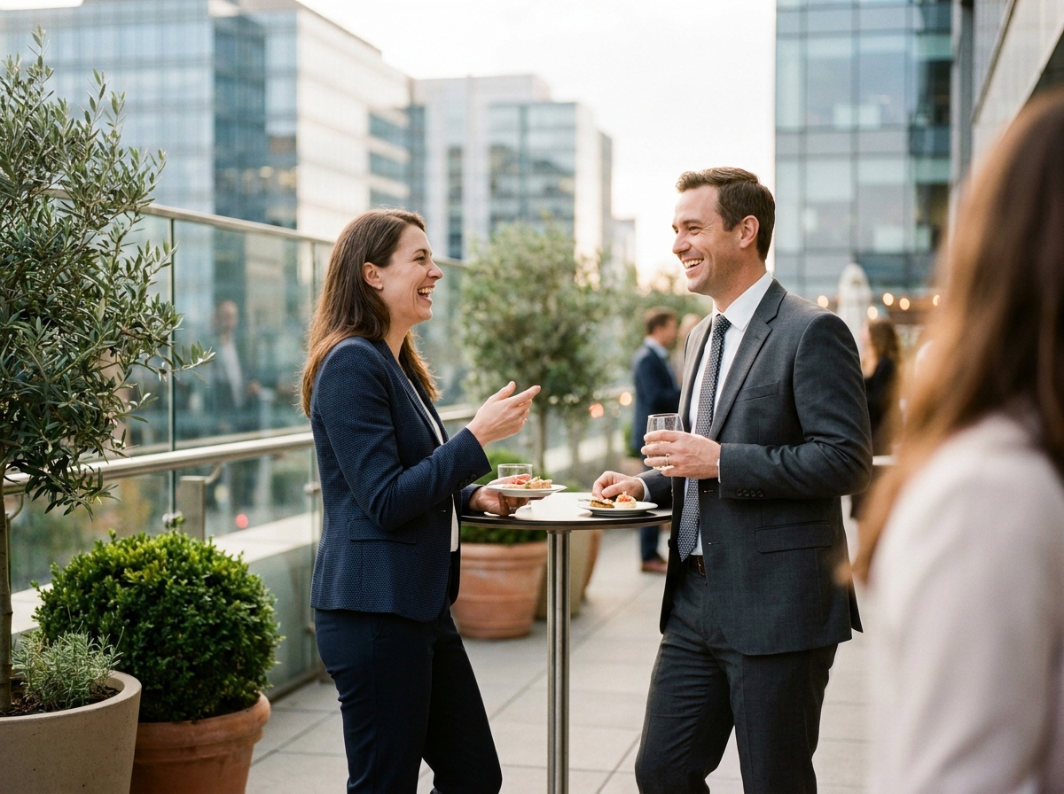 Deux professionnels en conversation lors d'un cocktail d'entreprise en terrasse avec vue urbaine, tenant des boissons et des amuse-bouches