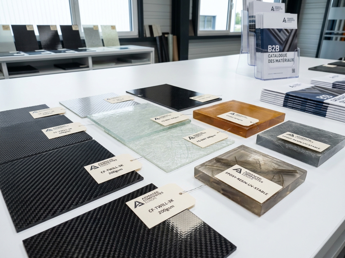 Échantillons de matériaux composites fibre de carbone et fibre de verre présentés en showroom professionnel pour spécialistes industriels