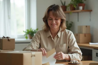 Femme effectuant un travail d'emballage à domicile sur une table en bois avec des cartons et du papier bulle