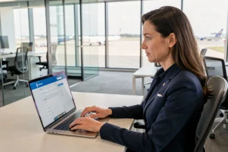 Employée Air France consultant son espace salarié Intralignes sur un ordinateur portable dans un bureau d'entreprise moderne