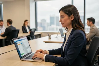 Employée Auchan connectée à son espace salarié HR4YOU sur un ordinateur portable dans un bureau moderne