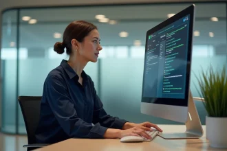 Employée consultant l'espace collaborateur de l'intranet groupe Blachère sur son ordinateur de bureau au bureau
