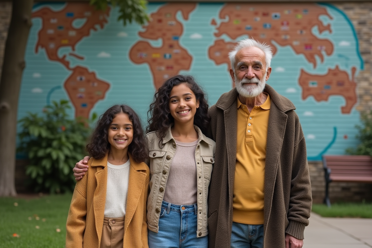 Enfant adolescente et senior devant mural de drapeaux et mains
