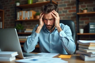 Entrepreneur débordé assis à son bureau encombré, les mains sur les tempes, entouré de dossiers et d'un ordinateur portable ouvert