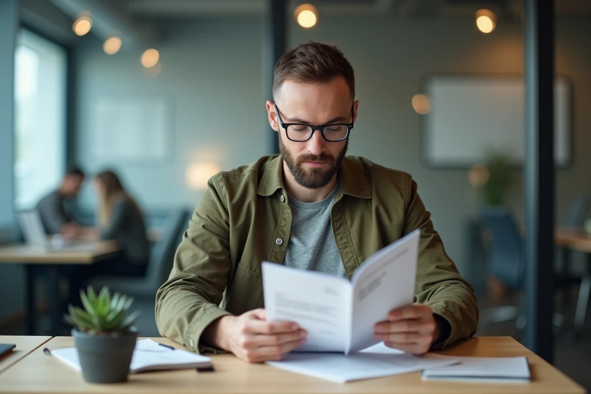 Entrepreneur lisant un guide de programme d'accompagnement startup à impact dans un incubateur, symbolisant le soutien POP STARTUP aux porteurs de projets responsables