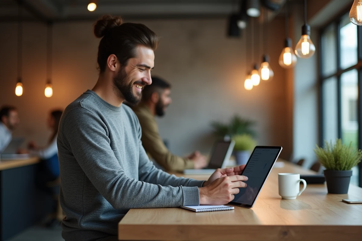 Entrepreneur souriant consultant une plateforme d'experts freelances sur sa tablette dans un espace de coworking moderne et organisé