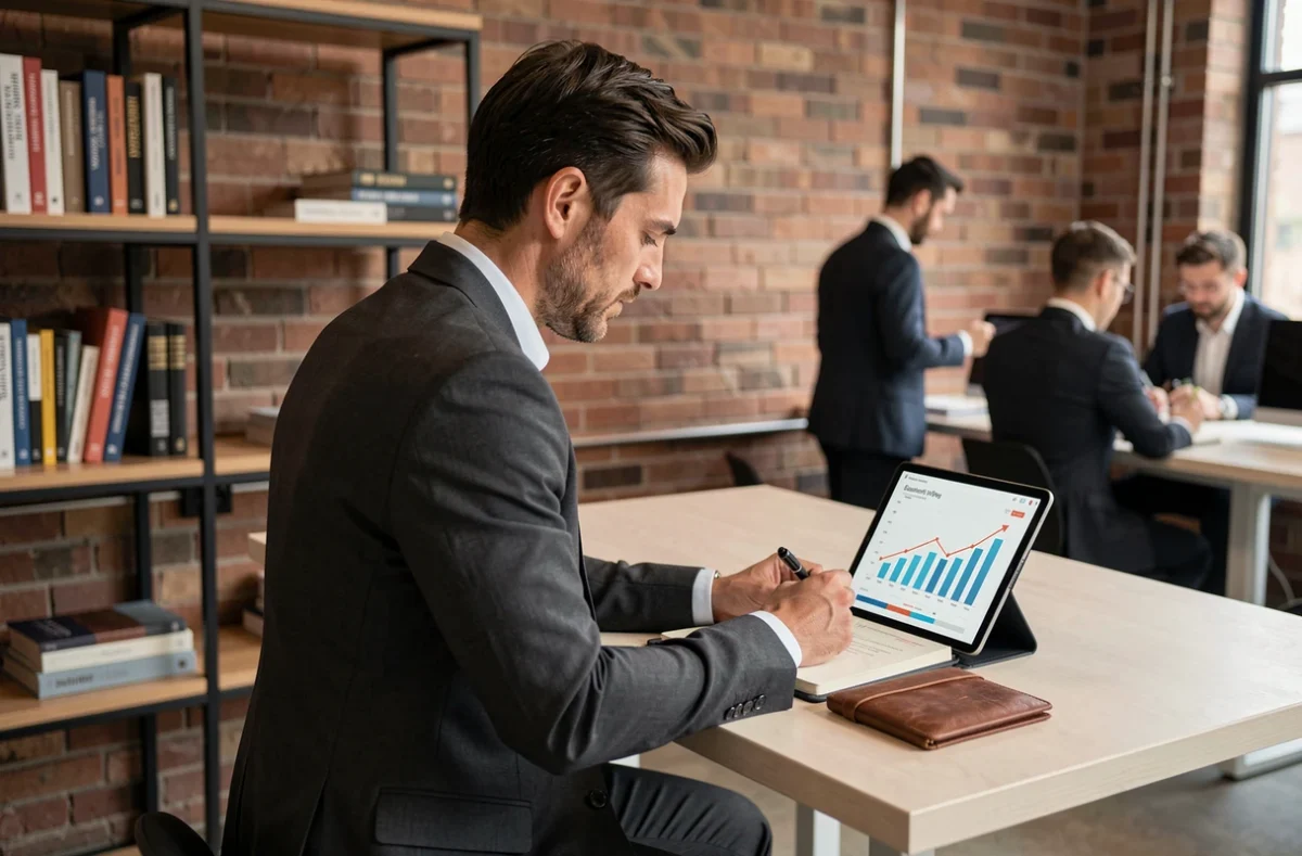 Entrepreneur masculin étudiant un tableau de bord de performance et prenant des notes dans un espace de coworking