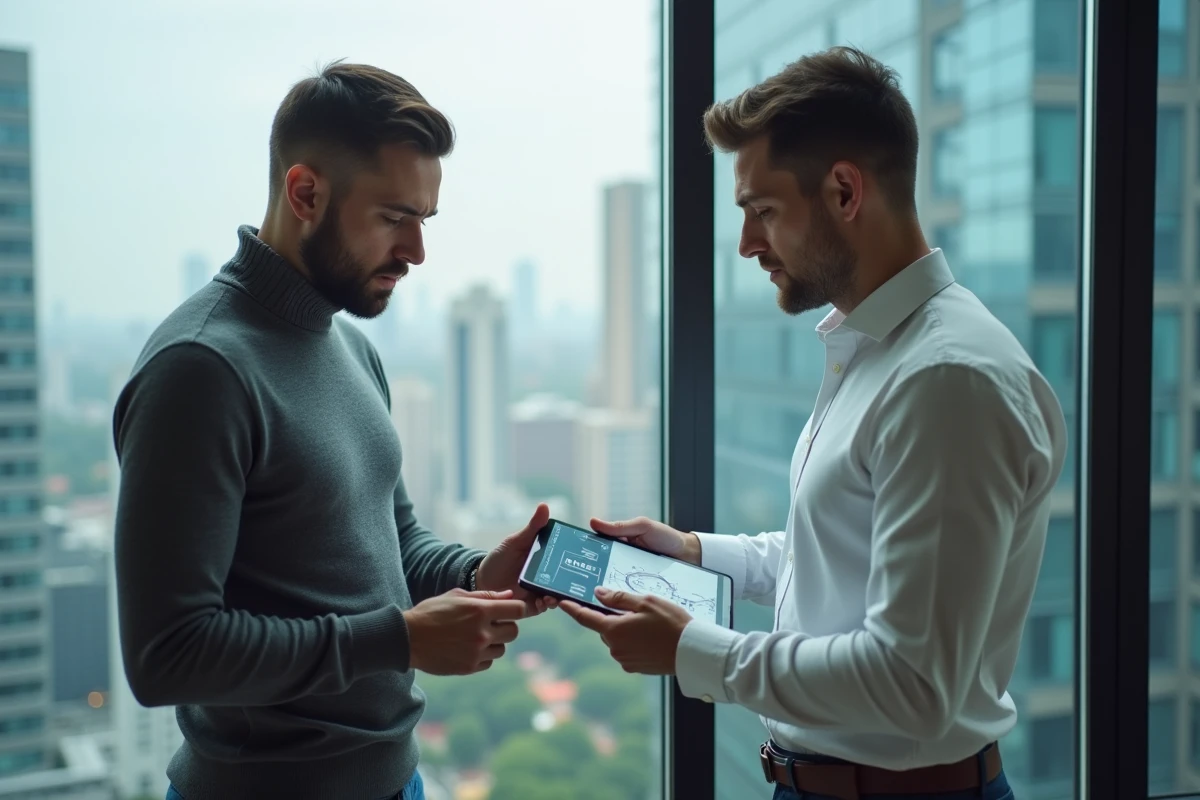 Deux entrepreneurs discutant d'un partenariat réseau B2B pour des marchés de niche devant une fenêtre urbaine