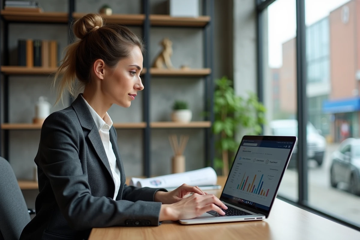 Entrepreneuse du secteur BTP travaillant sur un logiciel de gestion de chantiers depuis son bureau professionnel