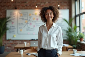 Entrepreneuse devant un tableau de projet dans un espace de coworking écoresponsable, illustrant l'accompagnement POP STARTUP pour les projets à impact