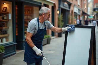 Homme entretenant un stop trottoir extérieur en essuyant la surface avec un chiffon microfibre devant une boutique