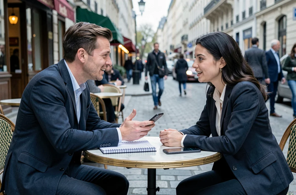 Deux professionnels en conversation enregistrée dans un café parisien illustrant la collecte de verbatim terrain
