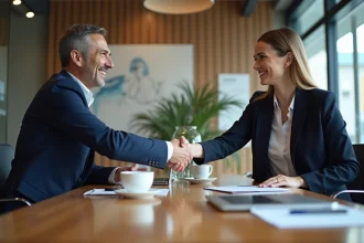 Deux professionnels se serrant la main dans un bureau moderne
