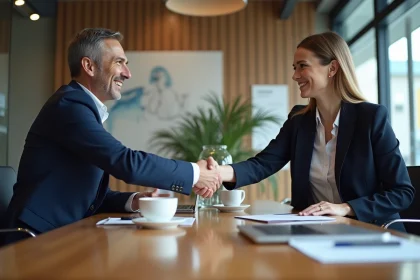 Deux professionnels se serrant la main dans un bureau moderne
